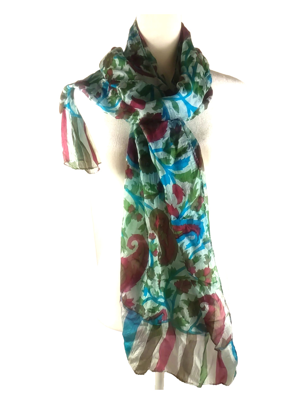Rectangle 100% Silk Scarf Red Blue Loose Paisley Print 44 X 10 Rectangle...